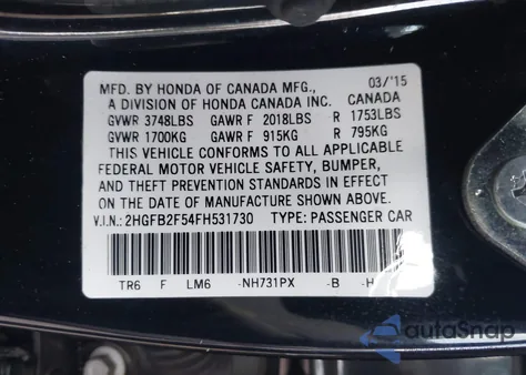 2015 Honda Civic Lx z USA, uszkodzony, nr VIN 2HGFB2F54FH531730